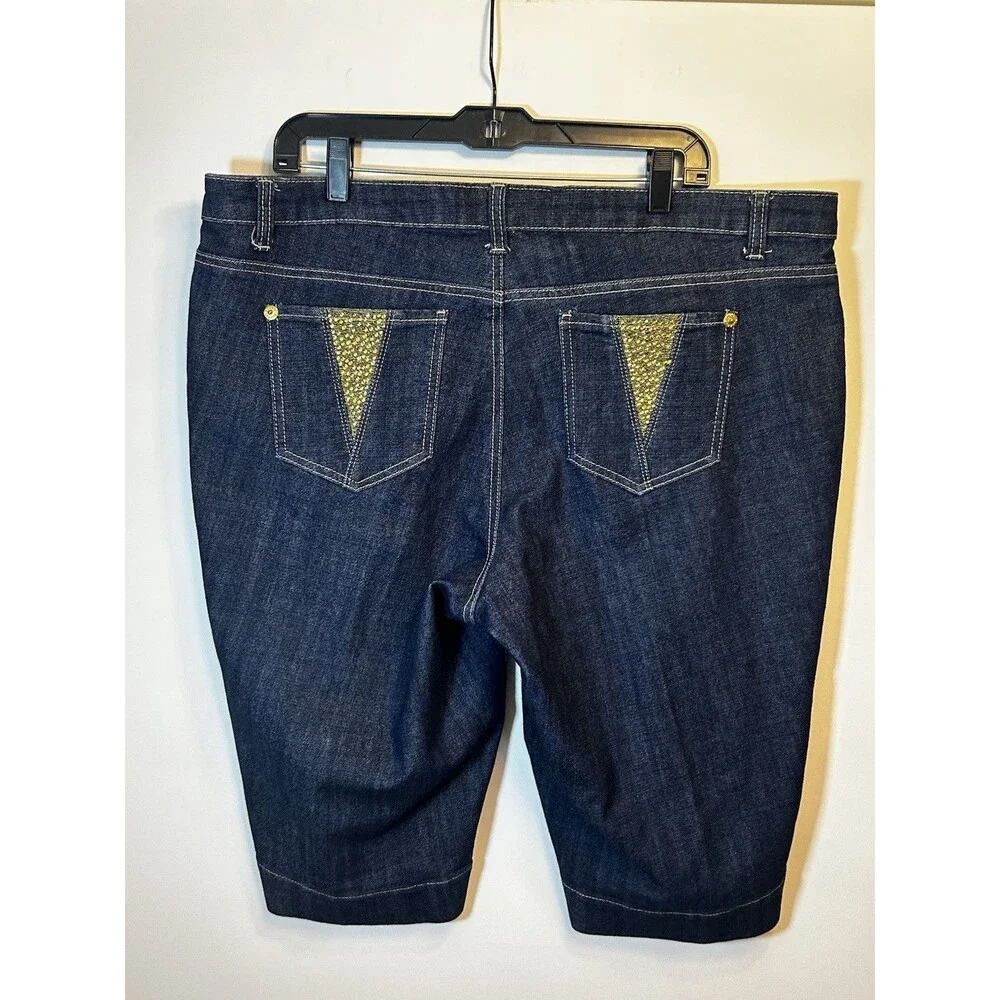 Wah Jeans Women’s 20W Dark Wash Denim Bermuda Shorts Gold Rhinestone Pockets XL